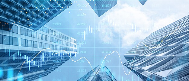 modern insurance city scape with graph of revenue growth and efficiency