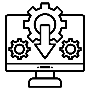 icon for legacy system, monitor with gear icons with an arrow pointing down